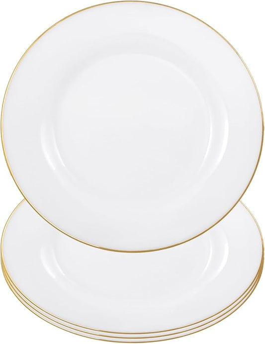 Barski Glass Dinner Plates – Set of 4, Plate is 6.8" D – White with Gold Rim – Salad, Entrée & Dessert Plates – Elegant Glass Plate Set for Cake, Appetizers & Parties