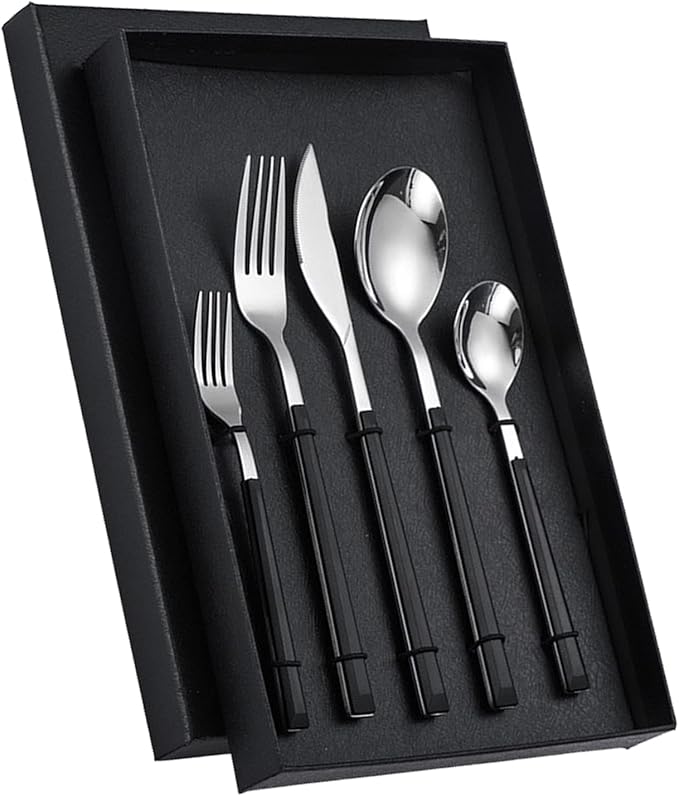 Stainless Steel Dinner Cutlery Set Elegant Flatware Serving Utensils 5 Pieces for Family Gatherings Wedding Picnics, Solid Stainless Steel (Black Handle)