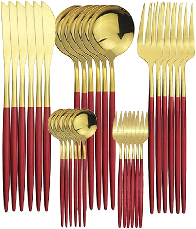 Gugrida Red Silverware Set,30 Piece Stainless Steel Flatware Set,Mirror Polished Dinnerware Cutlery Set of 6,Reusable Utensil Set for Kitchen, Red Handle Gold Spoon Silverware,Dishwasher Safe