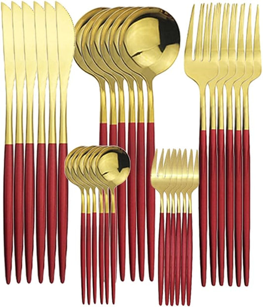Gugrida Red Silverware Set,30 Piece Stainless Steel Flatware Set,Mirror Polished Dinnerware Cutlery Set of 6,Reusable Utensil Set for Kitchen, Red Handle Gold Spoon Silverware,Dishwasher Safe