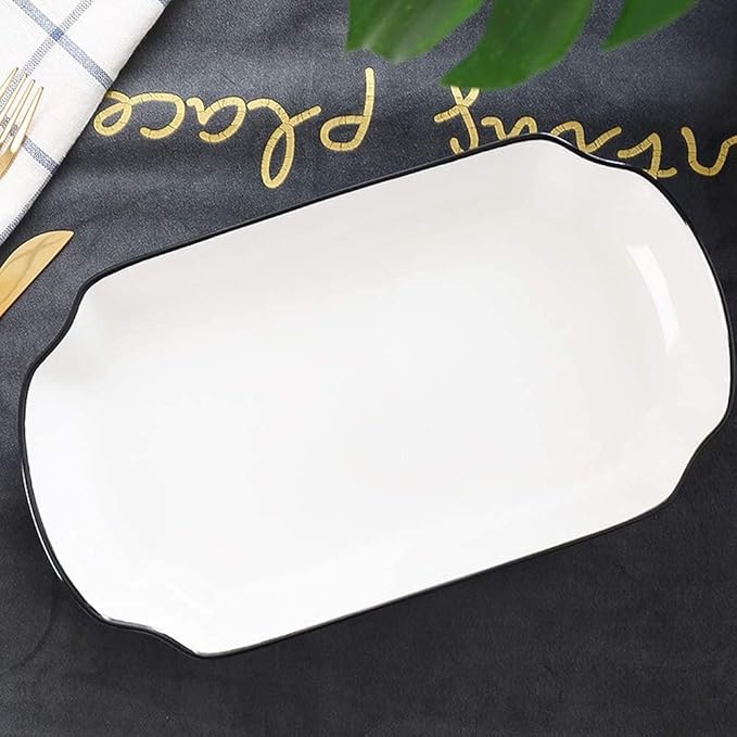 60 Pieces White Dinnerware Set Dishes - Dinner Plates and Bowls Sets Service for 12, Luxury Ceramic Dishes Set, Nordic Style Black Line Diamond Pattern, for Family Friend (White 56 Pcs)