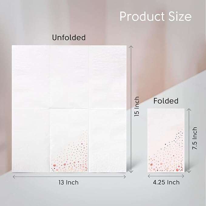 Stylish Rose Gold Napkins, 100 Disposable Rose Gold Napkins for Party, 7.5 x 4.25 Inch White and RoseGold Dinner Napkins, 3-Ply Paper Napkins, RoseGold Party Napkins