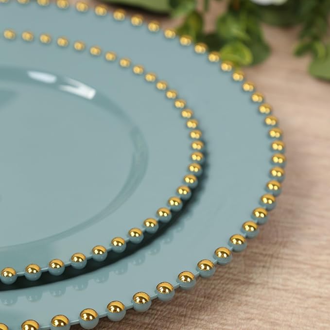 8" Salad Plates - Set of 20 - Plastic Dusty Blue Round Disposable Dessert Appetizer Plate with Gold Beaded Rim, Ideal for Dinner Party Wedding Bulk Events