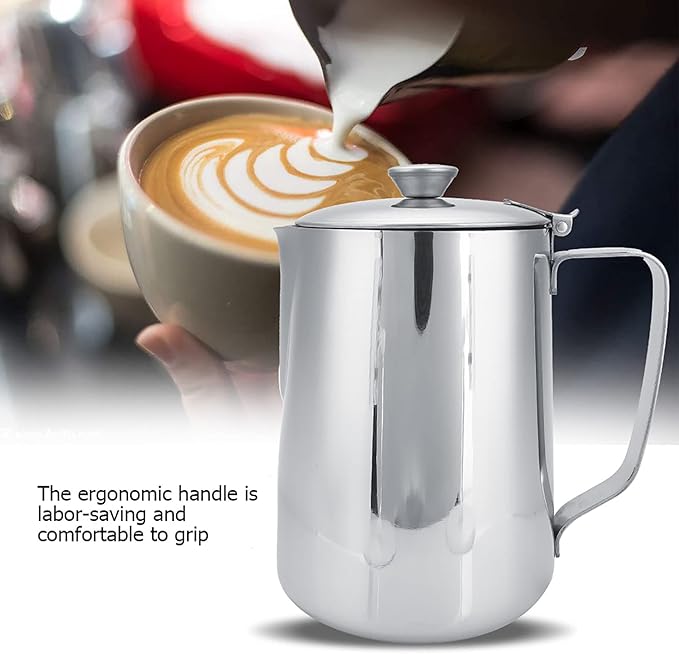 Stainless Steel Milk Frothing Pitcher, Coffee Cup Mug Milk Jug, Ergonomic Handle Spout Lid, for Home Cafe Restaurant Hotel Use (600ml)