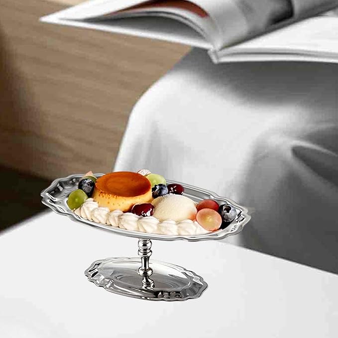 Footed Serving Tray for Ice Cream and Fruit with Dessert Cup Bowl, Silver