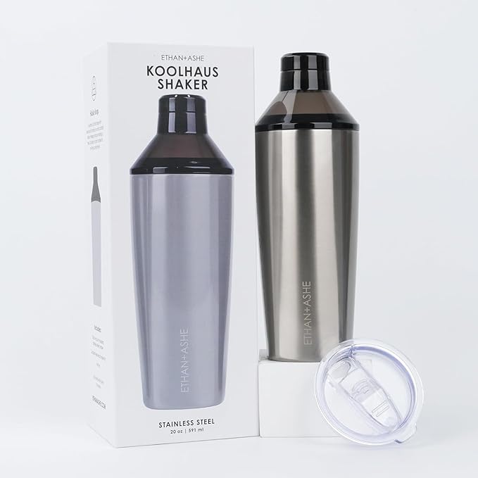 Koolhaus Cocktail Shaker - Ethan + Ashe - Vacuum Insulated Cocktail Shaker and Cocktail Strainer - Double-Wall - Travel Lid Included - Essential Bar Tools - 20oz Total Volume - Stainless Steel