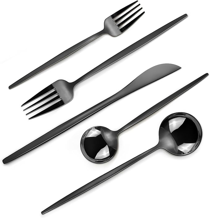 Mirror Black Silverware Set, 40-Piece Flatware Cutlery Sets Service for 8, Mirror Polished Tableware Set, Utensils for Kitchens, Home and Restaurant, Dishwasher Safe