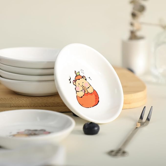 SOCOSY Super Cute Cartoon Animals Ceramic Sauce Dishes, Seasoning Dishes, Little Cat Dog Bird Feeding Bowls, Sushi Soy Dipping Bowls, Appetizer Plates, Dessert Plates-Busy Hamster-3.5 Inch