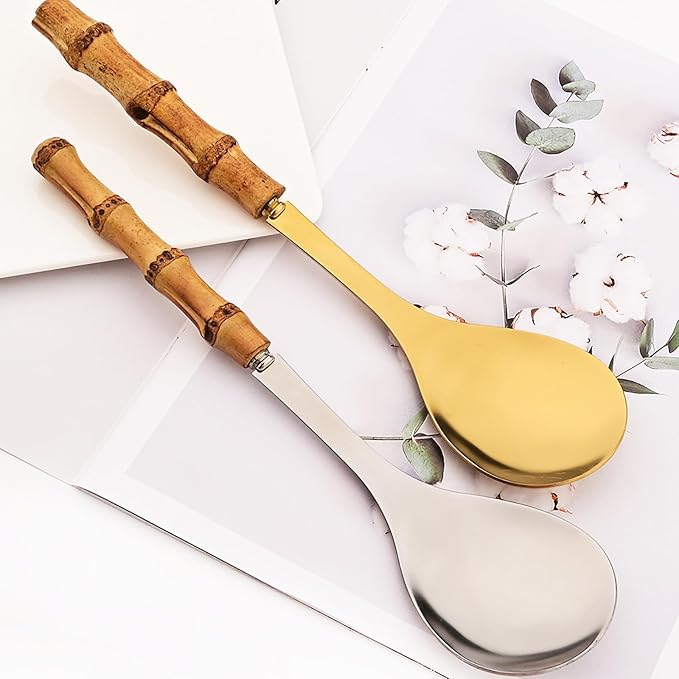 4PCS Serving Spoon, 18/10 Stianless Steel Silver Resuable Serving Utensils With Bamboo Handle, Buffet Banquet Dinner Spoons, 10-inch