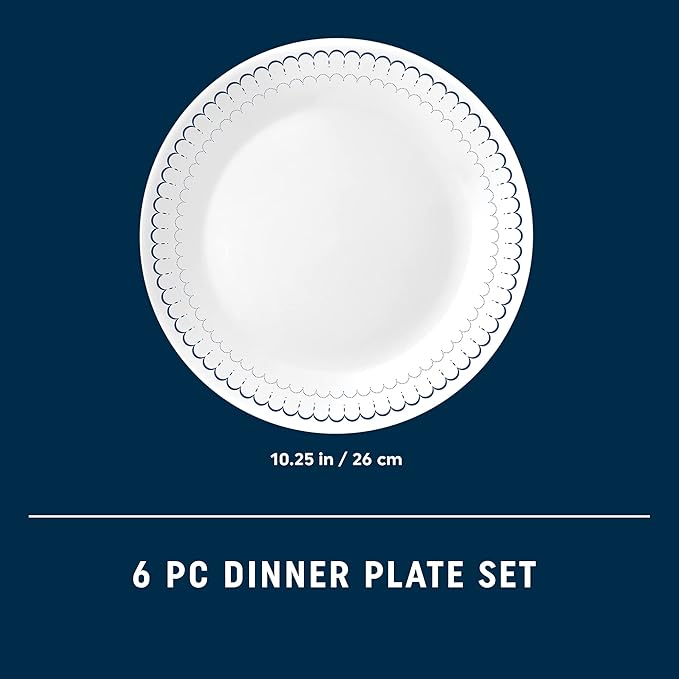 Corelle 6-Piece 10.25" Dinner Round Plates Vitrelle Triple Layer Glass, Lightweight Round Plates, Chip and Scratch Resistant, Microwave and Dishwasher Safe, Caspian Lace