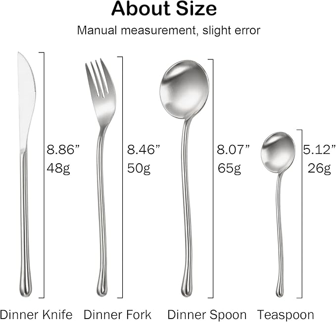 JASHII 304 Flatware Set Matte Silver Silverware Set Satin Finished 18/8 Stainless Steel Cutlery Set with Round Handle 24 Piece Wedding Housewarming Gift Service for 6