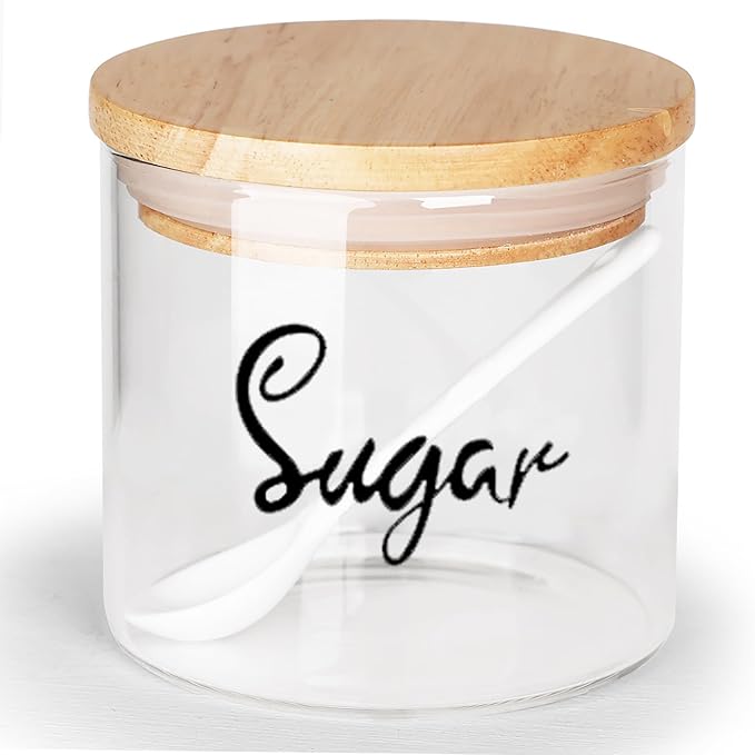 HAOTOP Clear Glass Condiment Pots with Spoon Wooden Lid and Silicone Sealing, Farmhouse Container Jar Dispenser Holder for Home Kitchen,12 oz Labeled Sugar