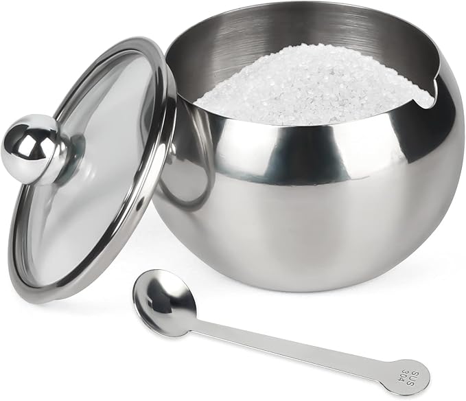asika Sugar Bowl, Stainless Steel Sugar Pot with Clear Lid and Spoon, Drum Shape Small Condiment Container for Home and Kitchen, 8.1 Ounces(240 Milliliter)
