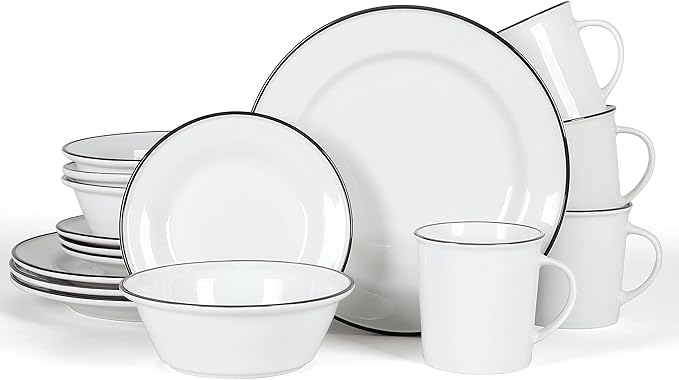 Martha Stewart Cliffield 16-Piece Porcelain Chip and Scratch Resistant Dinnerware Set - White w/Black Rim