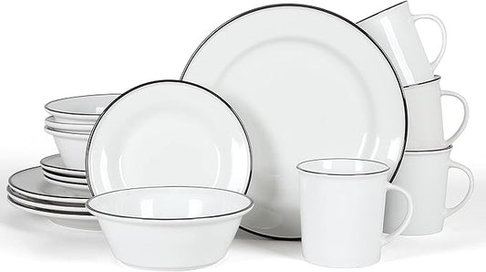 Martha Stewart Cliffield 16-Piece Porcelain Chip and Scratch Resistant Dinnerware Set - White w/Black Rim