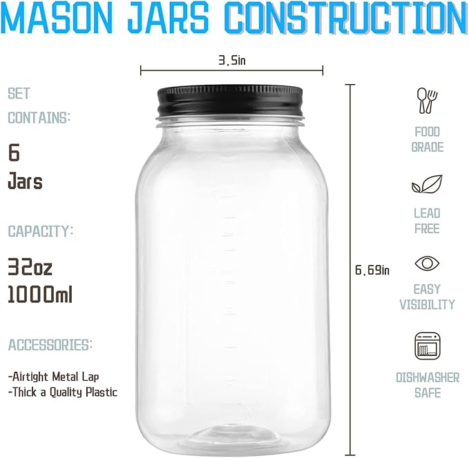 novelinks 32 oz Clear Plastic Jars with Lids, 6 Pack Large Plastic Mason Jars with Lids 32oz, Reusable Quart Containers for Kitchen Organization (6 Pack,Black)