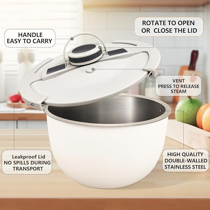Double-Walled Stainless Steel Insulated Serving Bowl with Leak - Proof Lid - Insulated Casserole Dish - Keeps Food Warm and Cold for Hours - Perfect for Holidays, Parties, Camping - (2Q, White)