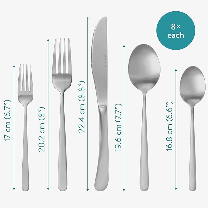 Navaris Silverware Set - 40-Piece 18/0 Stainless Steel Kitchen Cutlery Sets with Satin Silver Finish - Versatile Dinner Knives and Forks and Spoons Dinner Set for 8 People