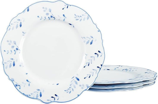 Fanquare Blue Leaves 8" Porcelain Dessert Plates Set - White Ceramic Small Dinner Plates