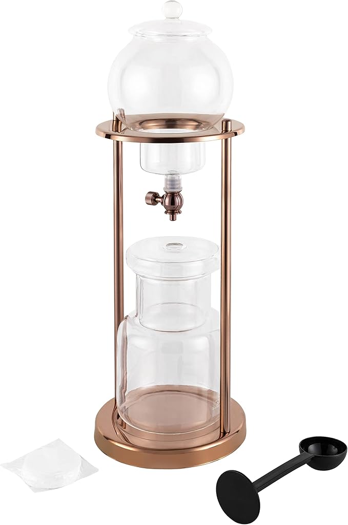 Metal Cold Brew Drip Tower, Ice Cold Drip Tower 600ml Capacity, Iced Coffee Cold Brew Drip Tower, Ice Coffee Maker for Home, Coffee Shops, Offices 6-8 Cups (Gold)