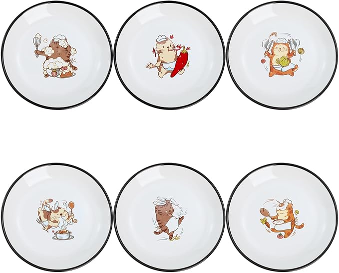 Funny Fidgety Chef Cat Pattern Ceramic Sauce Dishes, Seasoning Dishes, Sushi Soy Dipping Bowls, Appetizer Plates, Dessert Plates, Little Cat Bird Feeding Bowls, Set of 6-Chef Cat-5 Inch