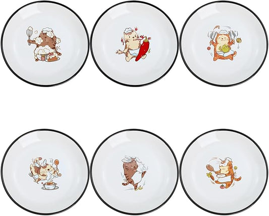 Funny Fidgety Chef Cat Pattern Ceramic Sauce Dishes, Seasoning Dishes, Sushi Soy Dipping Bowls, Appetizer Plates, Dessert Plates, Little Cat Bird Feeding Bowls, Set of 6-Chef Cat-5 Inch