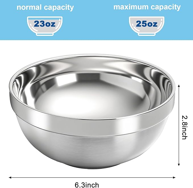 yarlung 10 Pack Stainless Steel Bowls 6.3 Inch Snacks Bowls, 25 Oz Soup Bowls Lightweight Salad Bowls Double-walled Metal Serving Dishes for Sauces, Noodle, Ice Cream