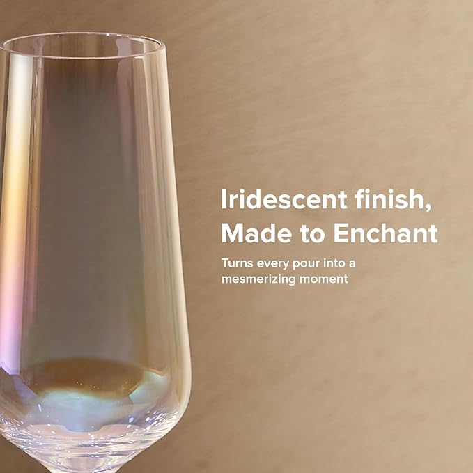 mopio Enchant Champagne Glass Flutes Set of 4, 10.5 oz, Stylish and Elegant Barware for Wedding, Party and Brunch, Colorful Drinkware Gifts in Eco-Friendly Packaging, Soda-Lime Glass (Iridescent)