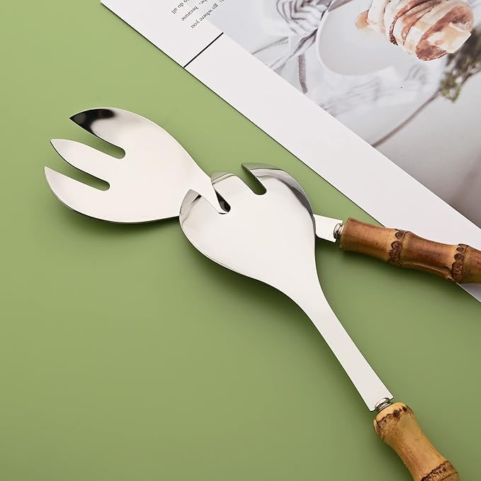 Serving Fork Set of 4 - Silver Stainless Steel Platters Forks - 10.0 inch Large Salad Forks with Natural Bamboo Handle - Use for Buffet/Banquet/Home/Kitchen/Party