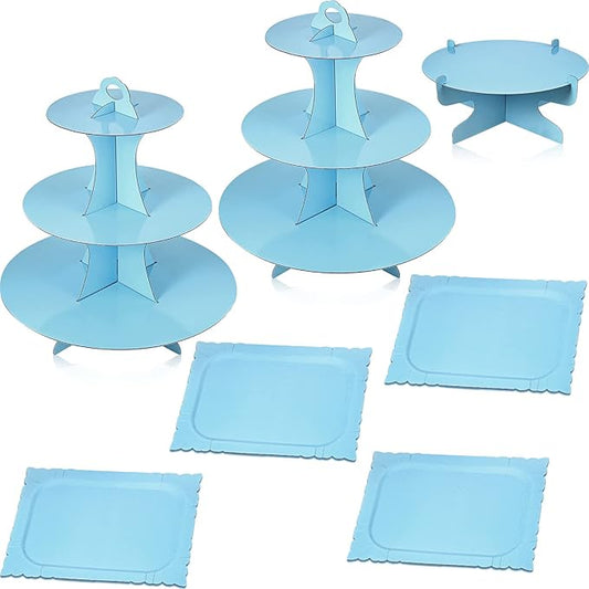 Zopeal 7 Pcs Dessert Table Display Set 3-Tier Cupcake Stand 1-Tier Cup Cake Display Tower Platters and Serving Trays Cardboard Cake Cookie Holders for Wedding Birthday Party Baby Shower(Sky Blue)
