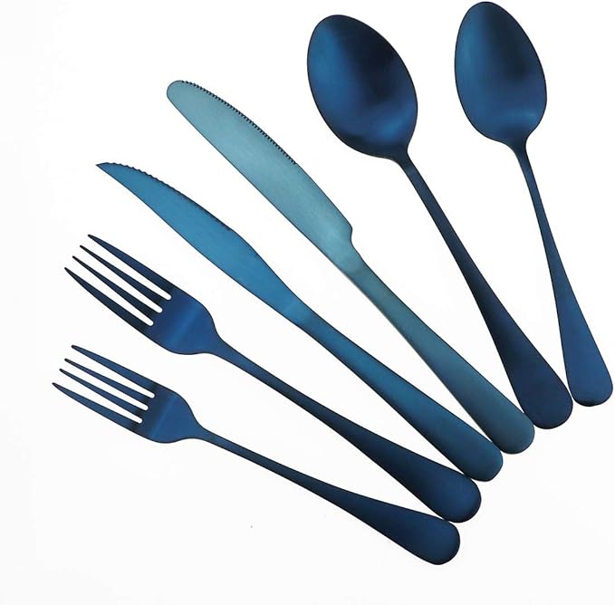 Gugrida 24-Piece Titanium Blue Plated Stainless Steel Flatware Set, Travel Cutlery Include Knife Fork Spoon Service for 4,Healthy & Eco-Friendly Silverware - Matte Elegant Modern Eating Utensils