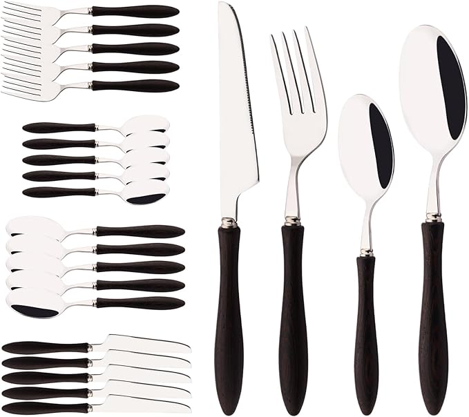 304 Stainless Steel Flatware Silverware Set with Wooden Handles, Rustic Tableware Cutlery Set for 6, Natural Wood Grain Knives Forks Spoons Set, (24 PCS, Wenge Wood Handle)