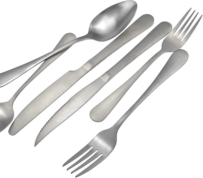 Gugrida 24-Piece Silver Heavy Duty Stainless Steel Flatware Set, Travel Cutlery Include Knife Fork Spoon Service for 4,Healthy & Eco-Friendly Silverware - Matte Elegant Modern Eating Utensils
