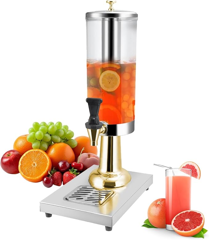 1 Gallon Commercial Beverage Dispenser with Centre Ice Core and Stand Drip Trays Stainless Steel Cold Drink Dispenser for Parties Pub Cafeteria Restaurant Home Hotel (gold, single head)