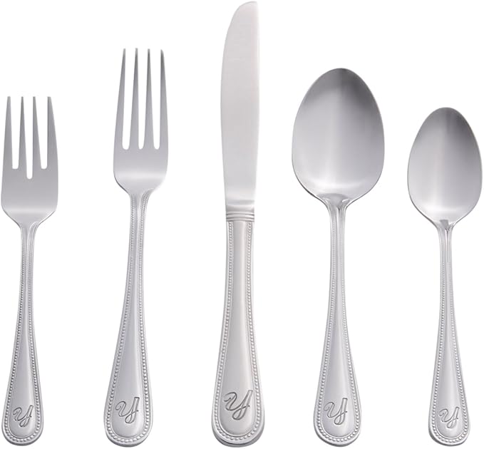 RiverRidge Monogrammed Beaded Flatware Set - Y - 46-Piece Silverware with Custom Letter Stamp, 18/0 Stainless Steel Utensils Set for Daily Use & Special Occasions - Dishwasher Safe, Versatile Design