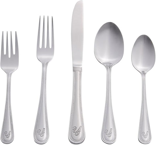 RiverRidge Monogrammed Beaded Flatware Set - Y - 46-Piece Silverware with Custom Letter Stamp, 18/0 Stainless Steel Utensils Set for Daily Use & Special Occasions - Dishwasher Safe, Versatile Design