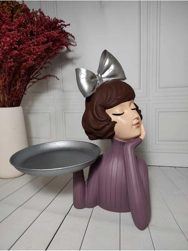 Serving Tray Girl Figurine Rose & Silver Decorative Platter Polyester Accent piece, 13.4 x 10.6 Inch - Multicolor, One Size