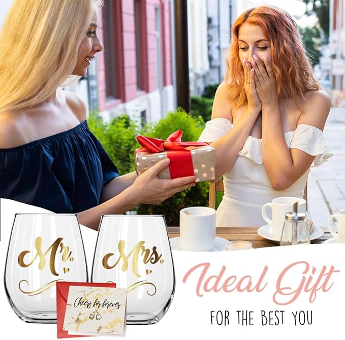 Mr Mrs Wine Glasses Set Wedding Gifts for Couples Newlyweds - Engagement Gift for Bride Groom, Bridal Shower Gifts for Bachelorette Future Mrs. - Wedding Registry Ideas, Honeymoon Essentials