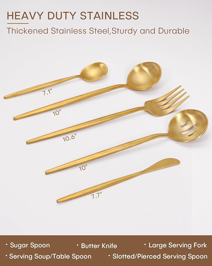 Serving Utensil Set,Ollex 5-Piece Stainless Matte Hostess Serving Utensil Set with Serving Spoon,Slotted,Sugar Spoon,Butter Knife serving set for Parties Buffet,Dishwasher Safe