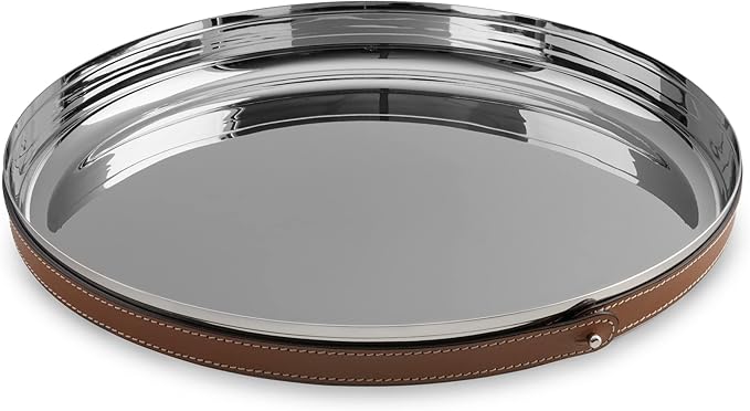 Nambe Tahoe Bar Tray | Stainless Steel Organizing Tray with Raised Edges and Leather Accent | Decorative Round Metal Serving Tray | 13in Removable Leather Accent