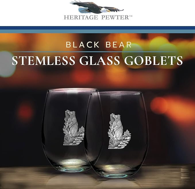 Heritage Pewter Black Bear Stemless Glass Goblets – Set of 2 | 15 OZ Goblet Wine Glasses | Expertly Crafted Pewter Glass