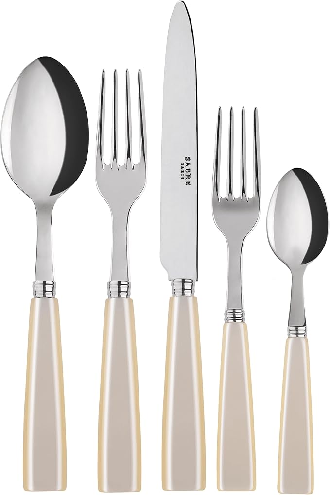 SABRE PARIS - 5-Piece Flatware Set - Icône Collection - Knife, Fork, Soup Spoon, Teaspoon & Dessert Fork - Stainless Steel & Acrylic - Dishwasher Safe - Pearly White