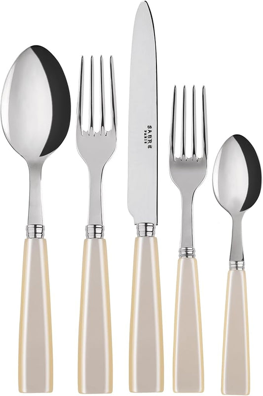 SABRE PARIS - 5-Piece Flatware Set - Icône Collection - Knife, Fork, Soup Spoon, Teaspoon & Dessert Fork - Stainless Steel & Acrylic - Dishwasher Safe - Pearly White
