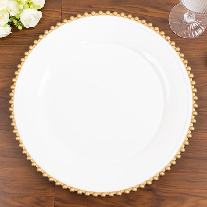 Efavormart 6 Pack White Gold Acrylic Plastic Beaded Rim Charger Plates - 13"