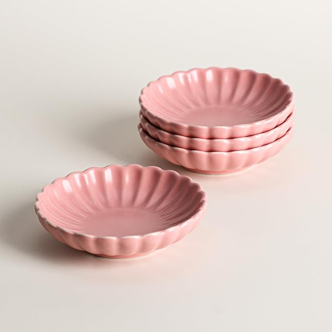 Gaolinci 3.5 Inches Flower Shape Ceramic Sauce Dish,Mini Side Seasoning Dish,Snack Serving Dishes,Porcelain Small Saucer Set(Set of 4)
