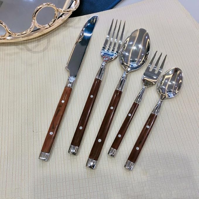 50 Piece Brown Silverware Set for 10 Classic Flatware Set Elegant 18/8 Stainless Steel Western Rivet Cutlery Delicate Utensils for Home Seder Holiday Dishwasher Safe Mirror Polished