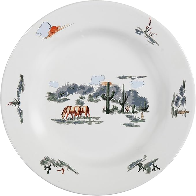 Paseo Road Ranch Life 16 Piece Ceramic Dinnerware Set with Plates, Bowls, Coffee Mugs, Duffle Bag, Cow Longhorn Horse Cowboy Pattern, Southwestern Rustic Cabin Lodge Style