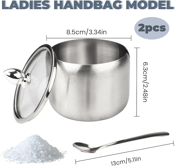 2 Pieces Stainless Steel Sugar Bowl with Lid and Spoon, 8.45 Oz/250 ML Sugar Container for Coffee Bar, Salt Bowls for Countertop Kitchen Storage Pepper Seasoning Coffee Bean Candy Spices, (Silver)