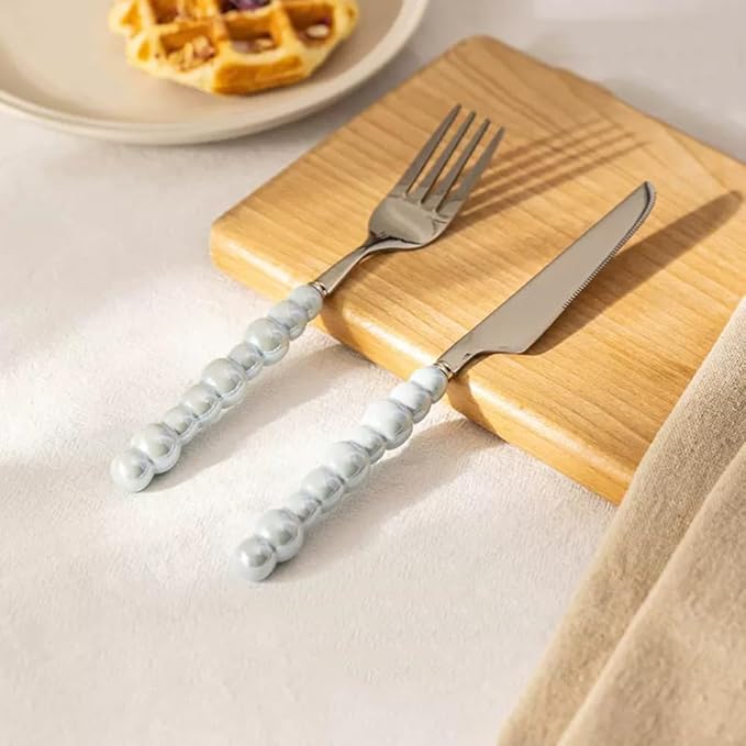 2Pcs Pearl Flatware Set, Creative Stainless Steel Flatware Pearl Ceramic Handle Silverware Tableware for Kitchen Hotel Home Steak Knife Dessert Spoon Dishwasher