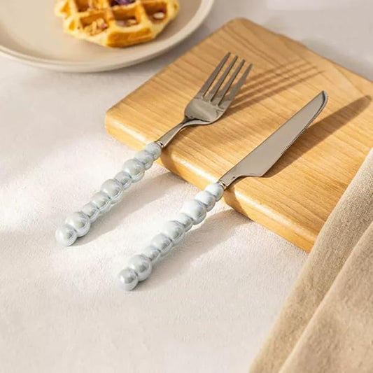 2Pcs Pearl Flatware Set, Creative Stainless Steel Flatware Pearl Ceramic Handle Silverware Tableware for Kitchen Hotel Home Steak Knife Dessert Spoon Dishwasher